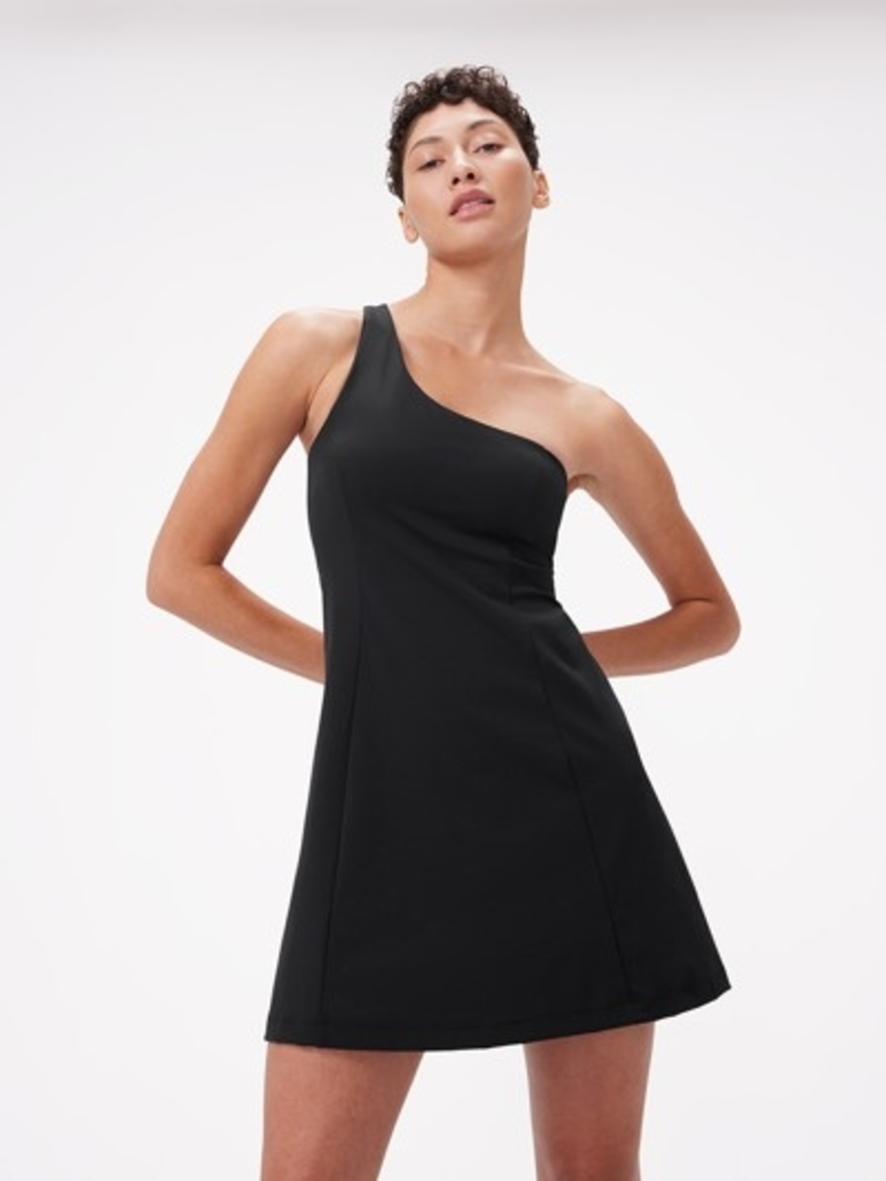 OUTDOOR VOICES One-Shoulder Black A-Line Mini Dress